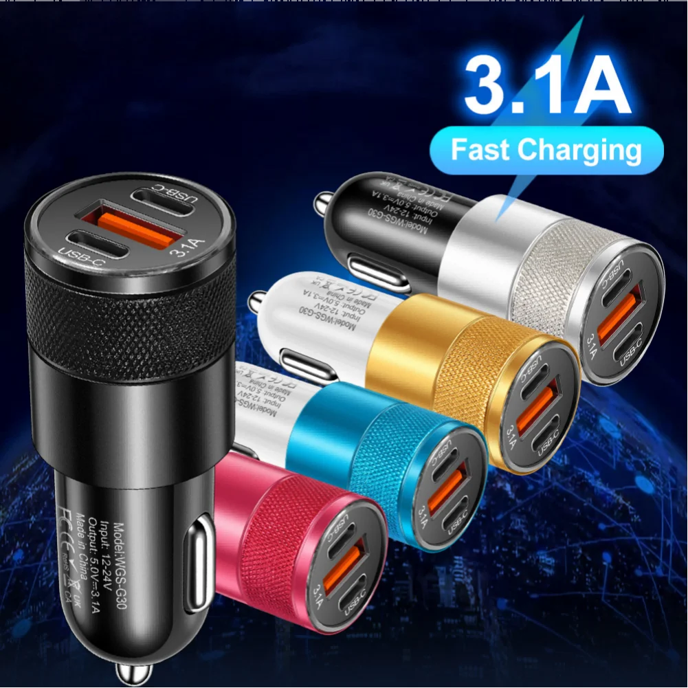 

Автомобильный адаптер 3.1A, черное автомобильное зарядное устройство USB C, 3,1 А, быстрая зарядка, компактный алюминиевый корпус, автомобильная зарядка для смартфонов