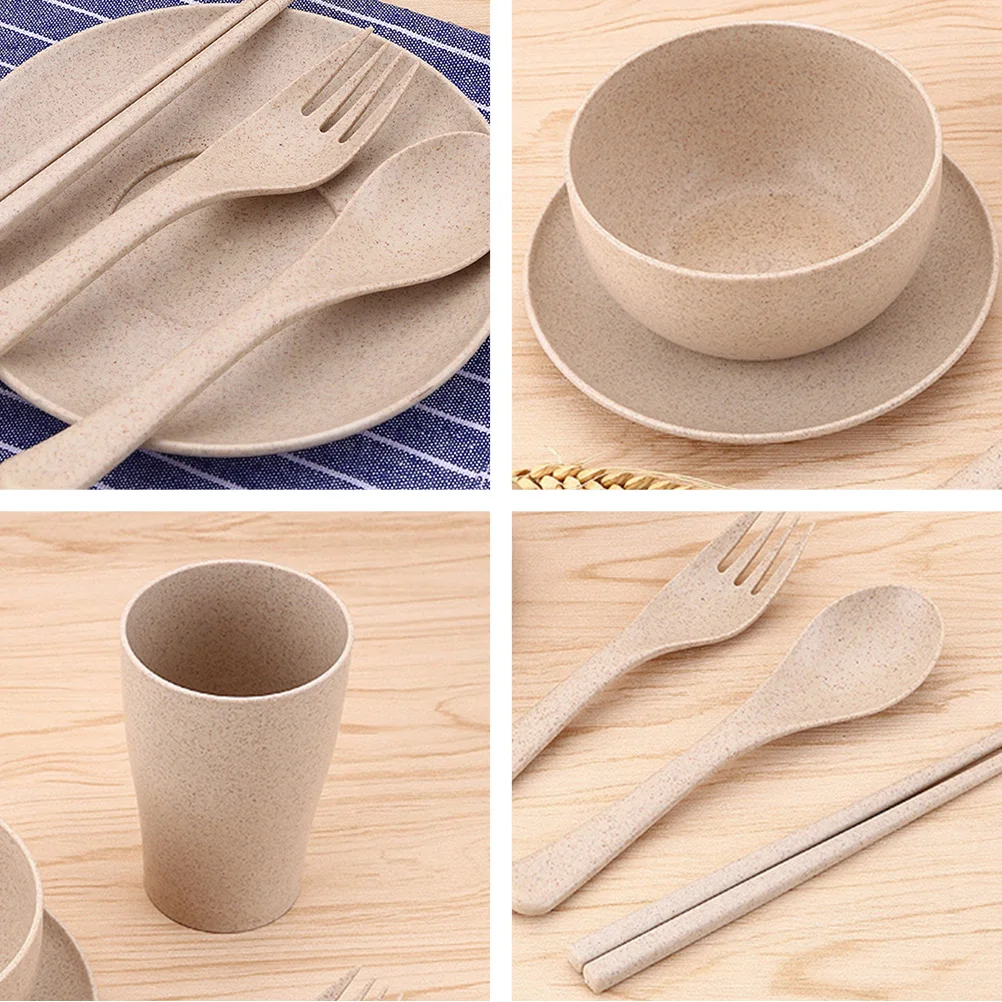 

12pcs Wheat Straw Fiber Dinnerware Set s Plate Bowl Cup Spoon Fork Chopsticks Lightweight Durable Dishwasher Safe