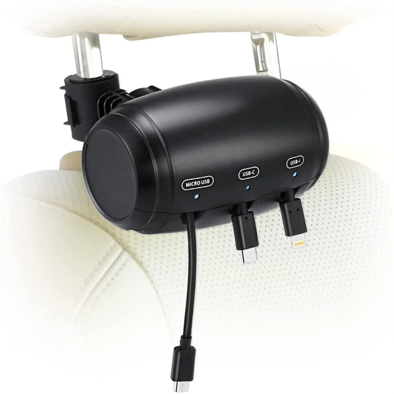 

Car Headrest Backseat 3 in 1 Car Charging Station Box For All Phones/iPhone/Samsung/Android Retractable Cord Charger