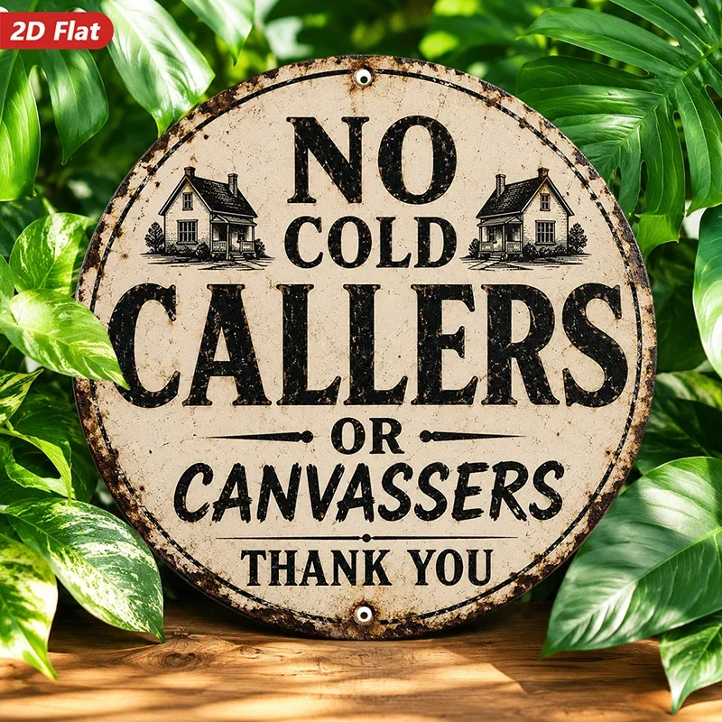 2D Flat, 1pc Round Metal Sign Wall Art, Rustic Style Decorative Sign, No Cold Callers Text, House Motifs, Home Decor, for Living