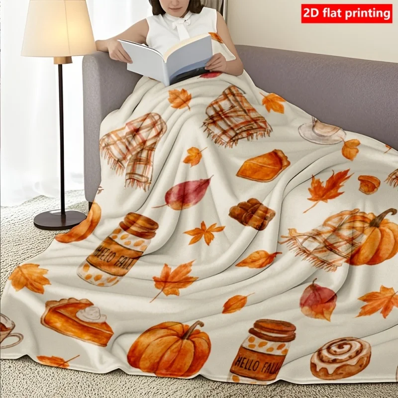 1 Piece of Autumn Pumpkin and maple leaf Pattern Soft and Comfortable Flannel Blanket, a Holiday Gift for Thanksgiving, Christma