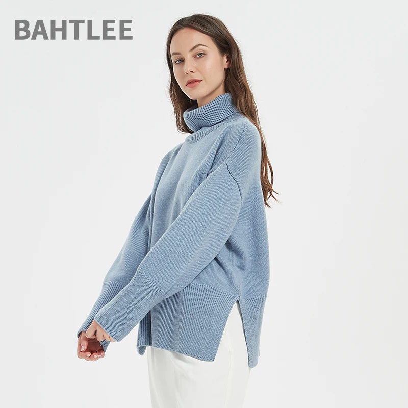 BAHTLEE-Suéter de lã feminino, pulôveres de gola alta, mangas compridas, jumper de malha, bainha dividida, solto, quente, inverno