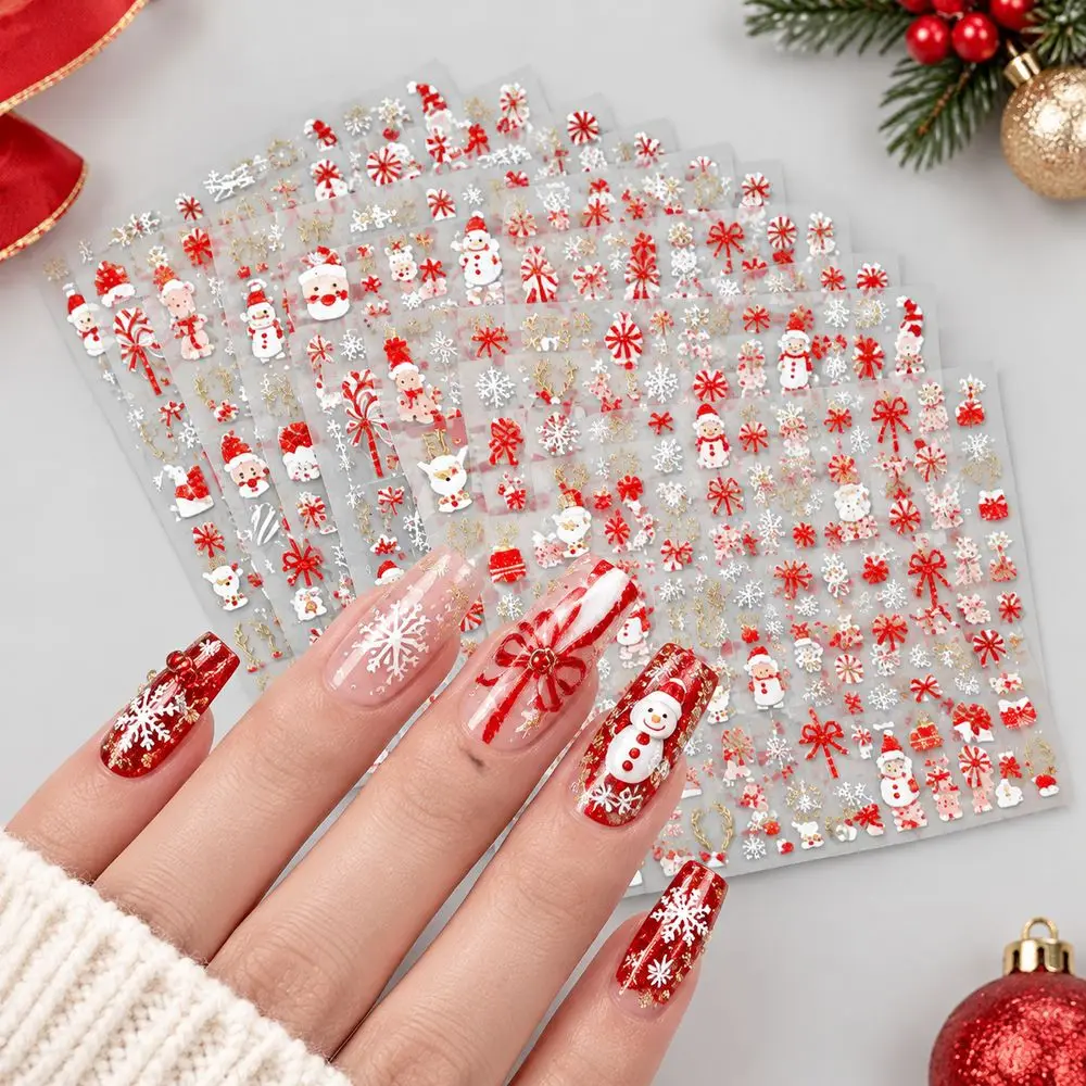 12Pcs Fade-Resistant Retro Nail Art Stickers Gold Embossed Red Glitter Snowman Gift Sack for Christmas Themed Party Accessory