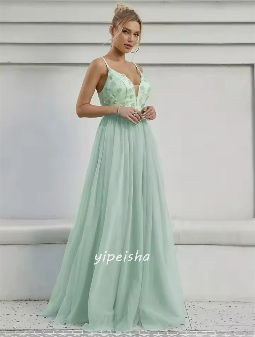 Customized Elegant Fashion Tulle Handmade Flower Ruched Straight Spaghetti strap Long Dresses Bespoke Occasion Dresses Matching