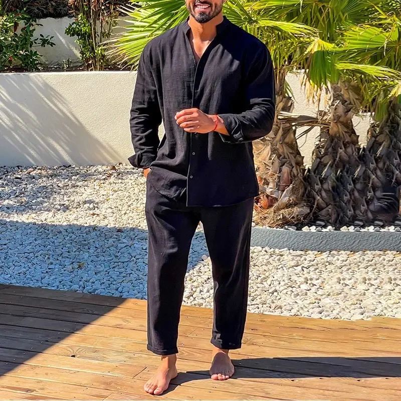 

Мужские рубашки, комплекты из двух предметов, блузки с длинными рукавами, кардиган, брюки до щиколотки, свободные однотонные весенние повседневные мужские карманы на шнурке