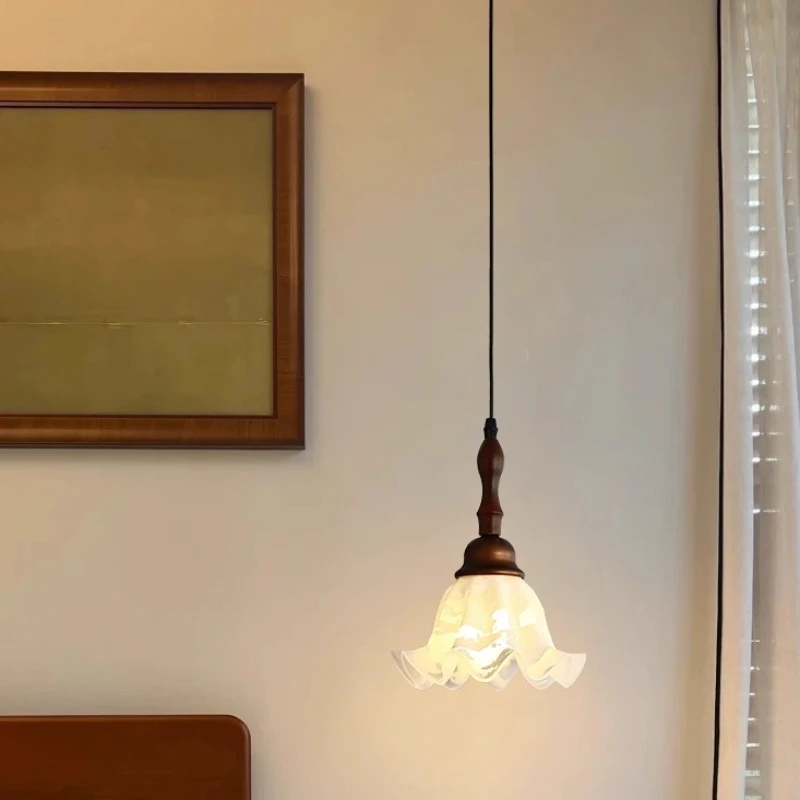 الفرنسية الأبيض ندفة الثلج نمط زهرة شكل الزجاج قلادة LED أضواء غرفة المعيشة غرفة نوم مطعم المطبخ مصابيح معلقة خشبية #5