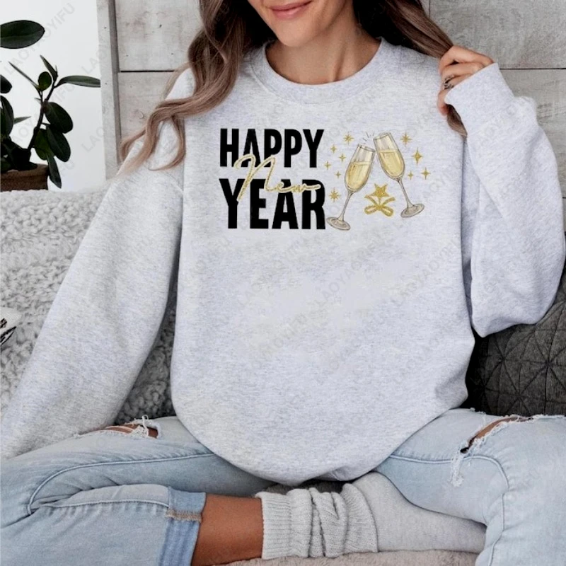Happy New Year Champagne Toast Graphic Simple Holiday Sweatshirt Festive NYE Party 2026 Casual Adult Winter Crewneck Pullover