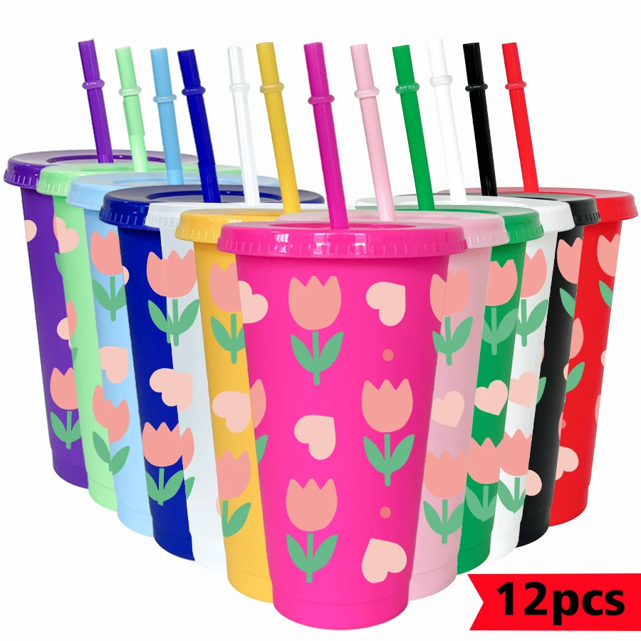 12PCS/Pack, Tulip Print, 26oz Multi-colored Plastic Party Water Cup with Lid and Straw, Birthday Party Decoration, Holiday Gift.