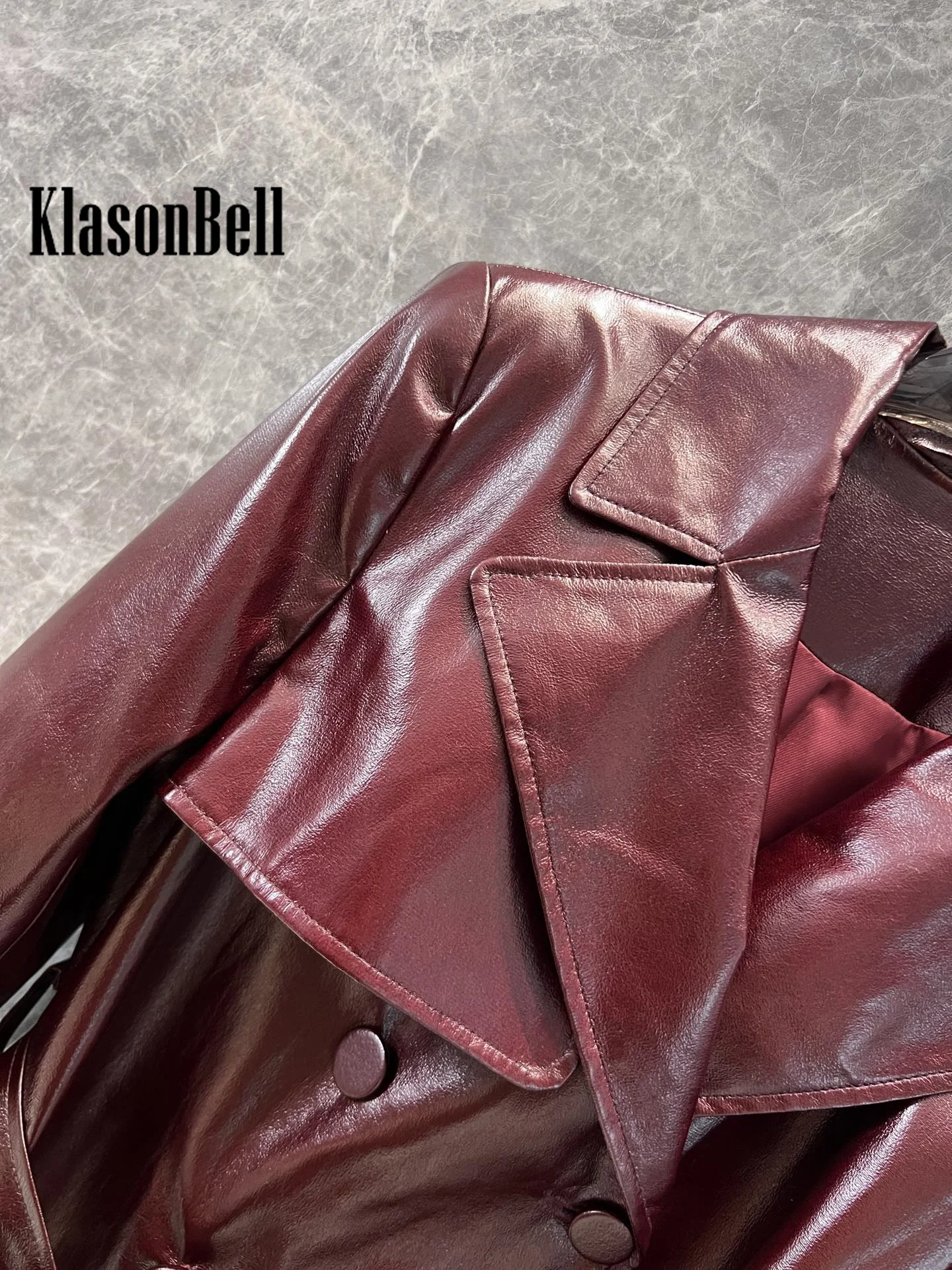 9.19 KlasonBell Women Clothes Vintage Pu Leather Sashes Mid-Length Trench Temperament Double Breasted Long Sleeve Outerwear