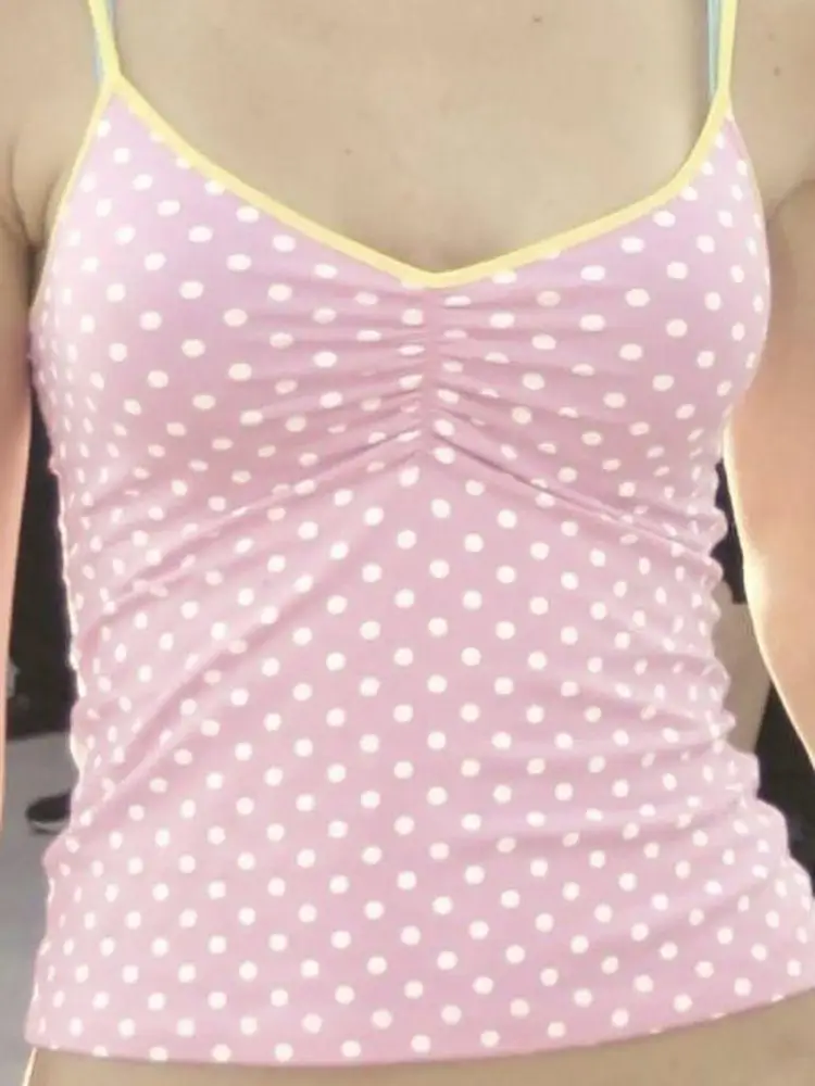 Top halter con cuello en V decorado floral de lunares, top adelgazante a la moda para mujer, top retro de color rosa de Harajuku lindo