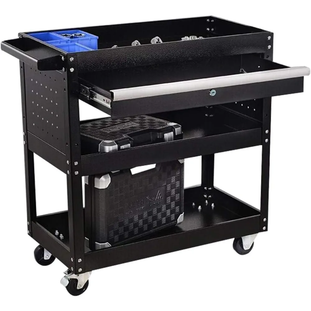 

X&T 3 Tier Utility Rolling Tool Cart 300 Lbs Capacity Tool Cart with Drawer and Lock,Industrial Service Tool Cart on Wheels for
