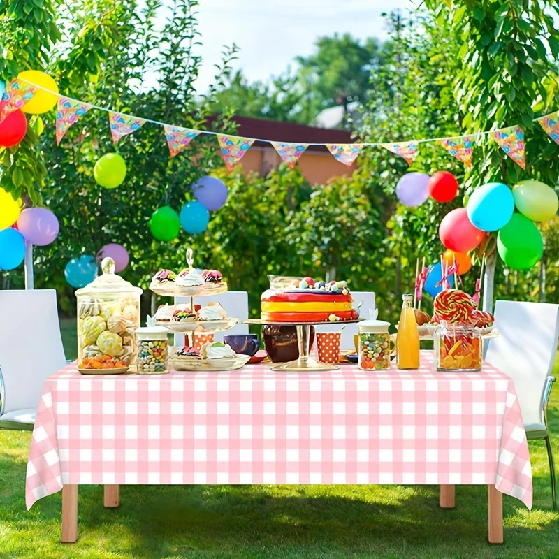 2pcs pink checkered tablecloth, graduation party decoration, disposable rectangular plastic tablecloth