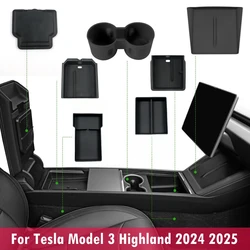 Center Console Organzier Tray for Tesla Model 3 Highland 2024 2025 Armrest Hidden Storage Box Cup Holder Wireless Charger Mat