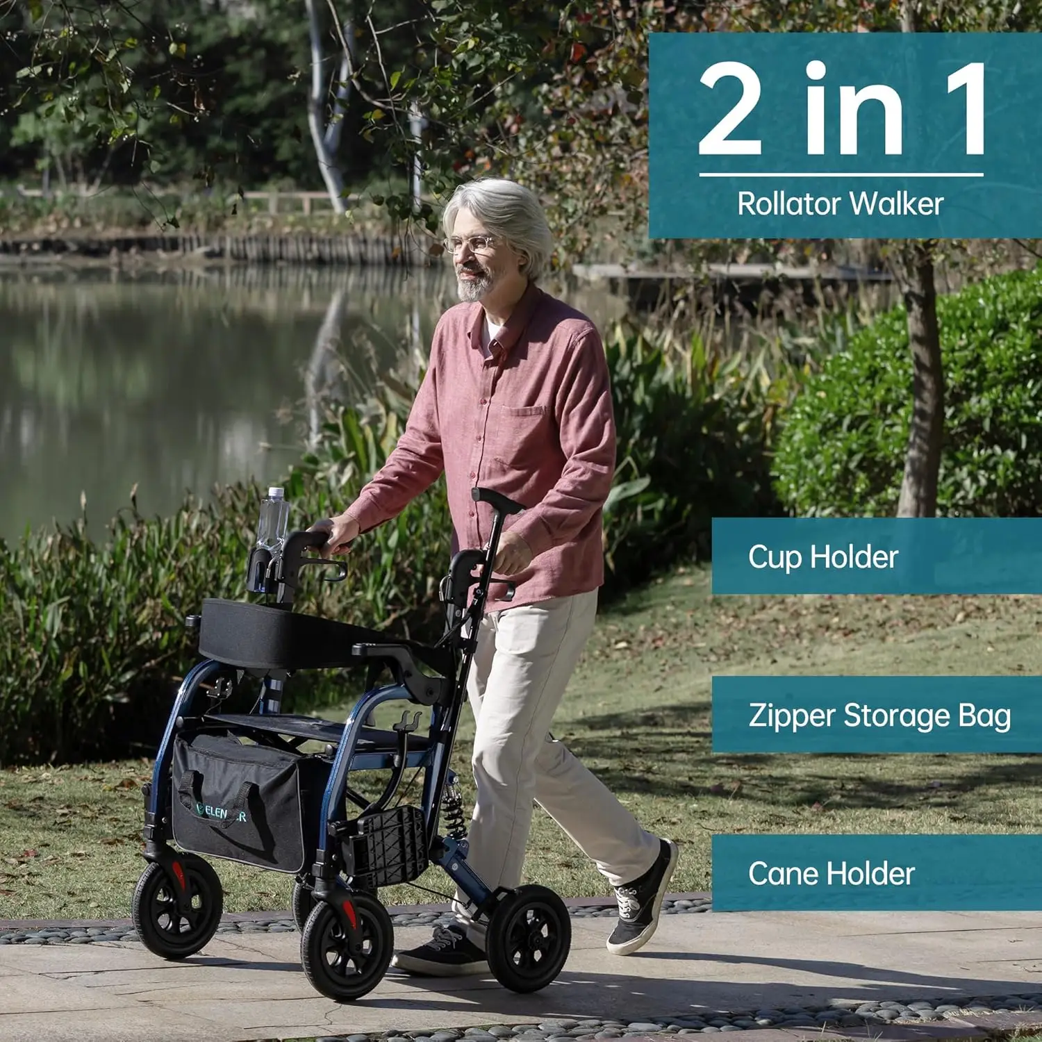 All-Terrain 2 in 1 Rollator Walker & Transport Chair for with 10” Non-Pneumatic Wheels Seniors