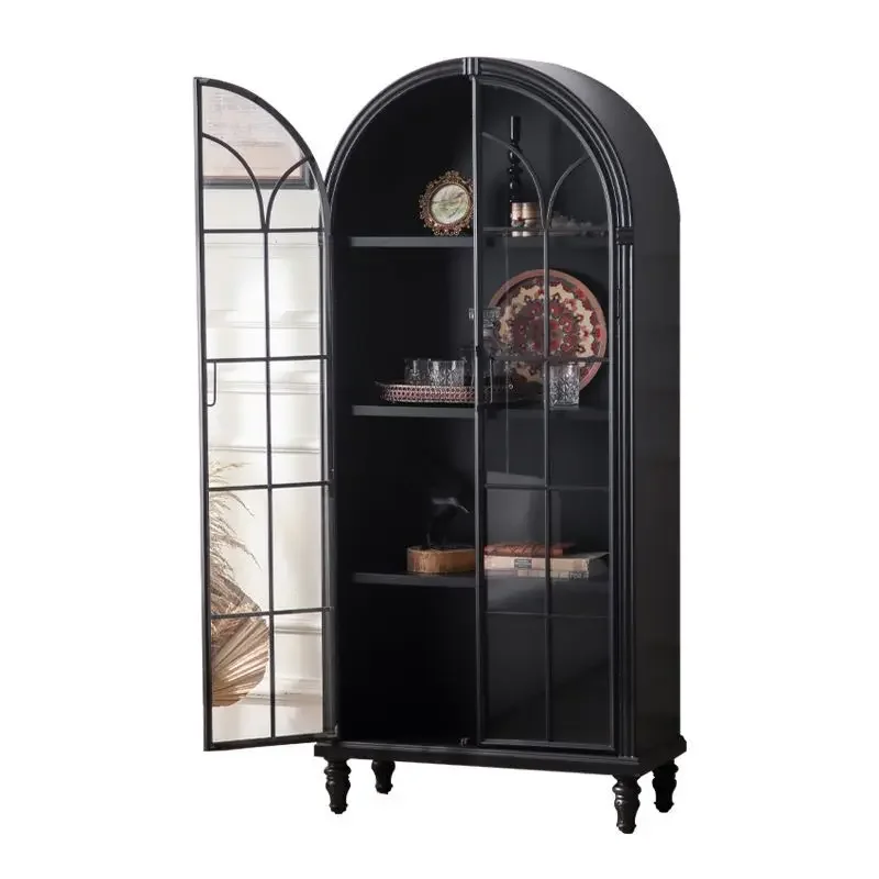 French multi-layer wall arched glass door wine cabinet bookcase retro old solid wood display cabinet living room locker
