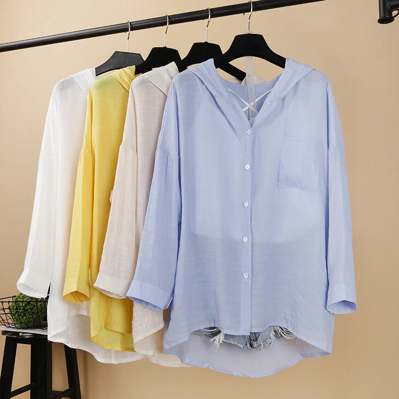 Women\'s Summer Cotton Linen Hoody Long Shirts Cardigan White Beige Yellow Blue Shirts Blouses Casual Loose Sun-Protection Top