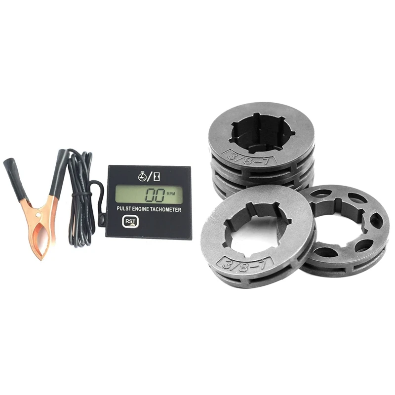 New Gasoline Digital Engine Tachometer Inductive Pulse With 5Pcs Sprocket Rim 3/8 Inch Pitch 7 Tooth 19Mm