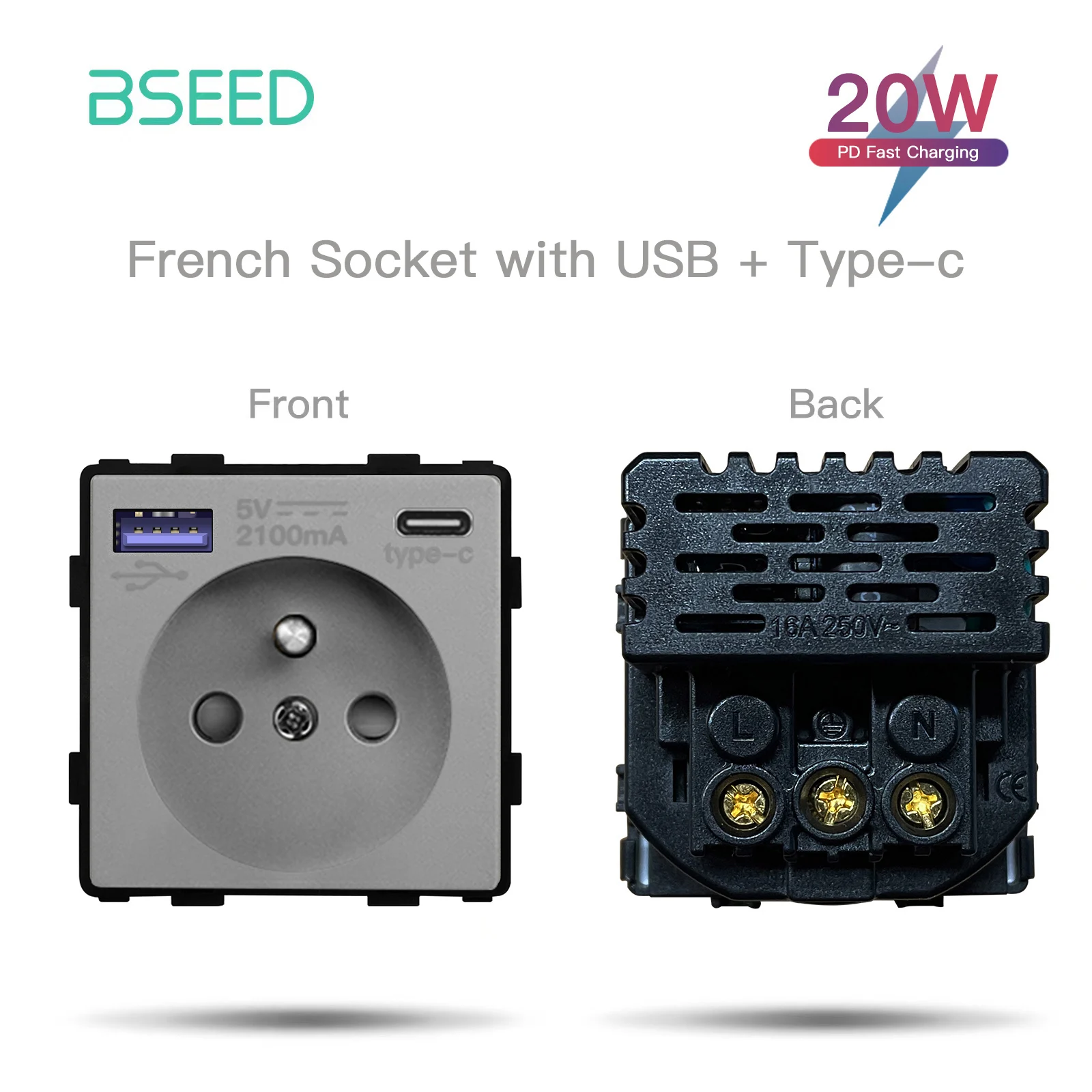 BSEED Mechanische Tastenschalter, EU/FR-Buchse, Typ C, Dual-USB-Buchsen, Funktionsteile, Glas-Buchsenrahmen, DIY, freie Kombination