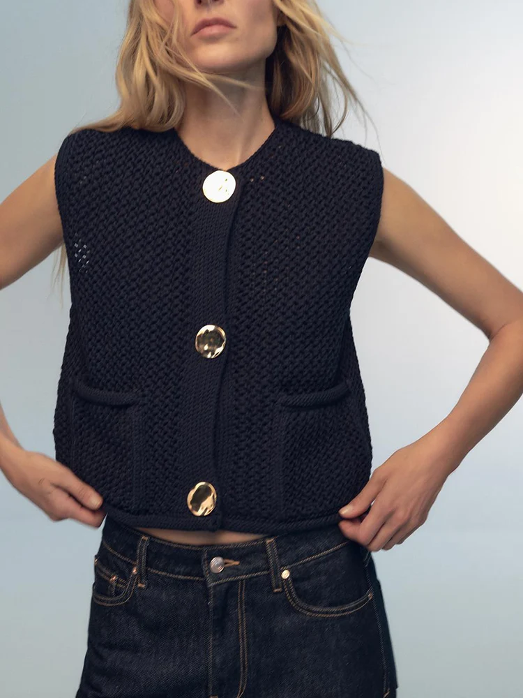 

New Autumn Women's Knitted Vest Single Button round Ne Svel Thi Needle Knit Top Commute Sle Regular Length