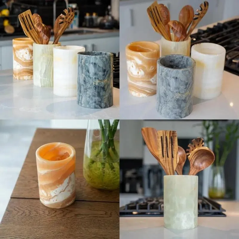 Natural Striped Agate Stone Kitchen Utensil Rack Hand Carved Limestone Marble Cylindrical Tableware Storage Vase for
