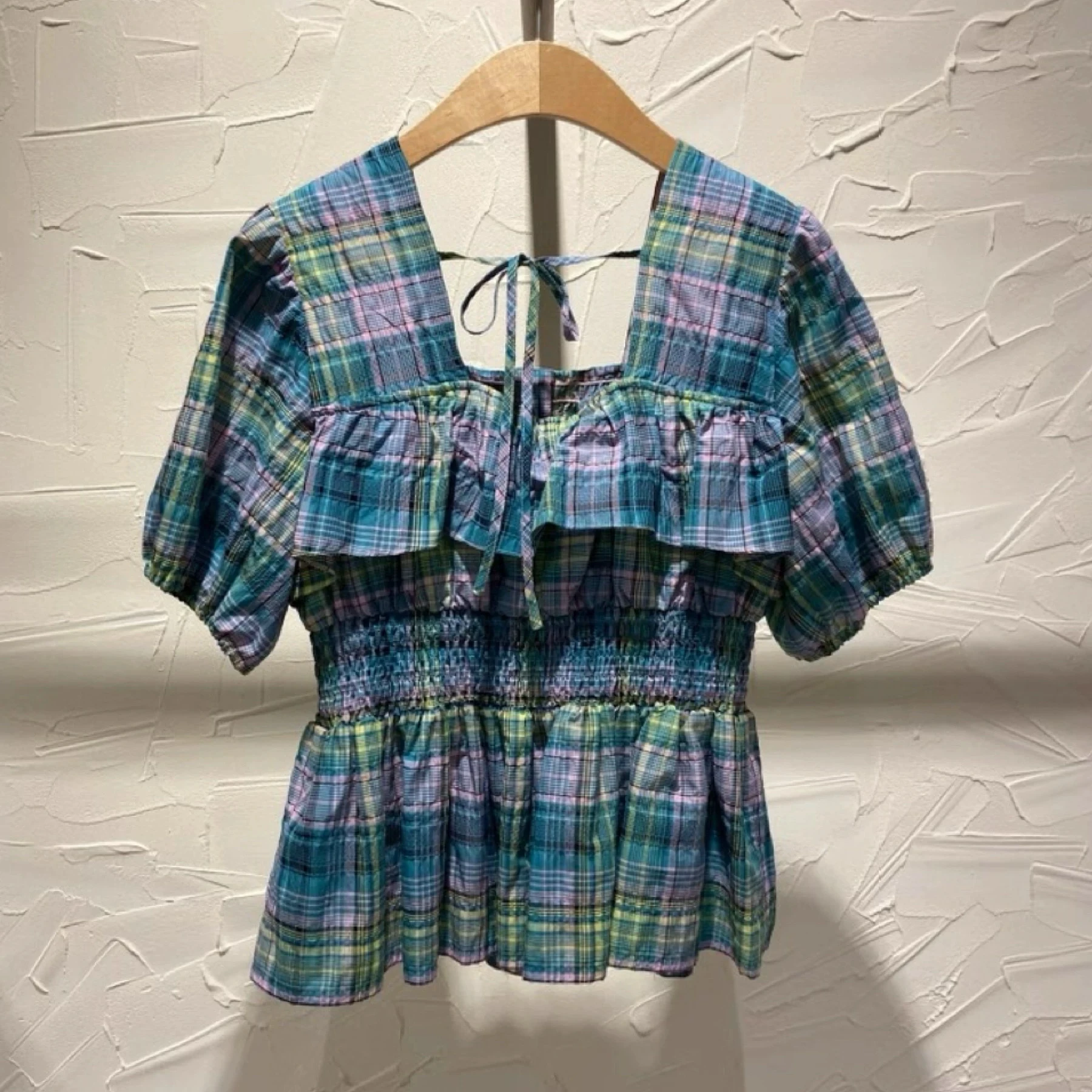 レトロなウエストシェイプ、バブルスリーブ、スクエアカラー、チェック柄、カラーブロ、VCA 25、サマーヴィンテージ、韓国風、レディースブラウス