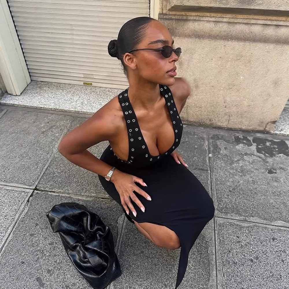 DSMTRC Weibliche Ärmelloses Kleid Mode Mantel Trendy Split Sexy Club Party Bodycon Vestidos Halter Solide Backless Frauen Kleider