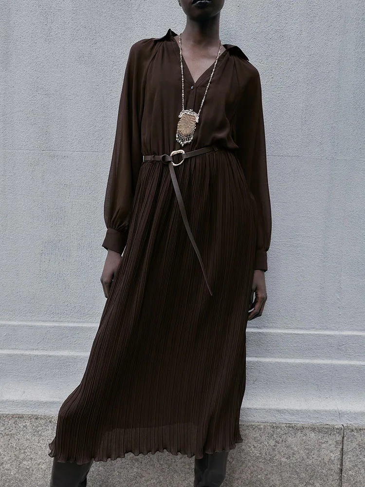 

Ele Sweet Long Sve Midi Dr with Belt Pleated Autumn Winter New Arrival Women's Faion High Waist Gown for Daily Use