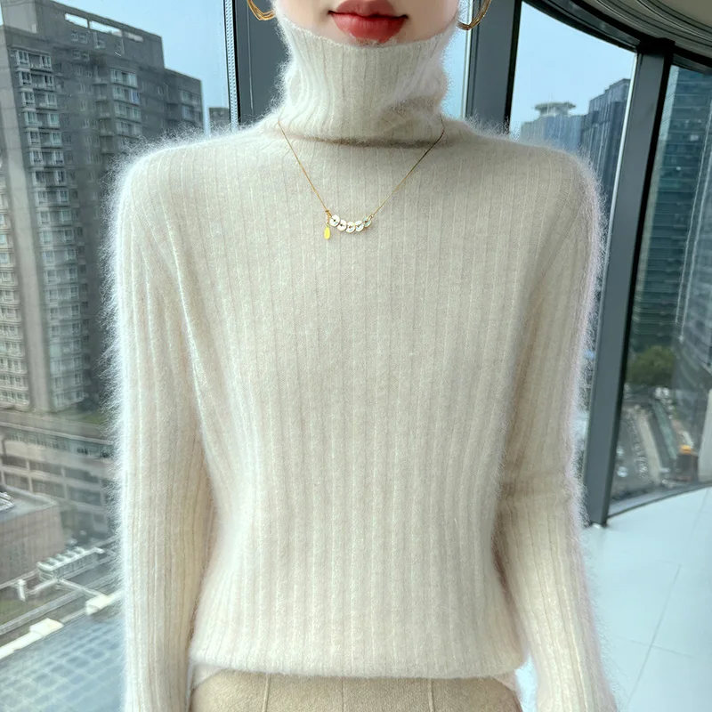 

Ladies' 100% mink cashmere pullover high neck sweater new knitted slim fit sexy autumn and winter base top Multiple colors avail