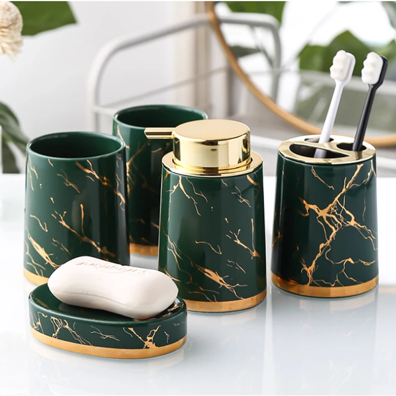 1pc Ceramic Toiletries Lotion Bottle Toothbrush Holder Toothbrush Cup Soap Dish Bathroom Accessories Imitation Marble Texture