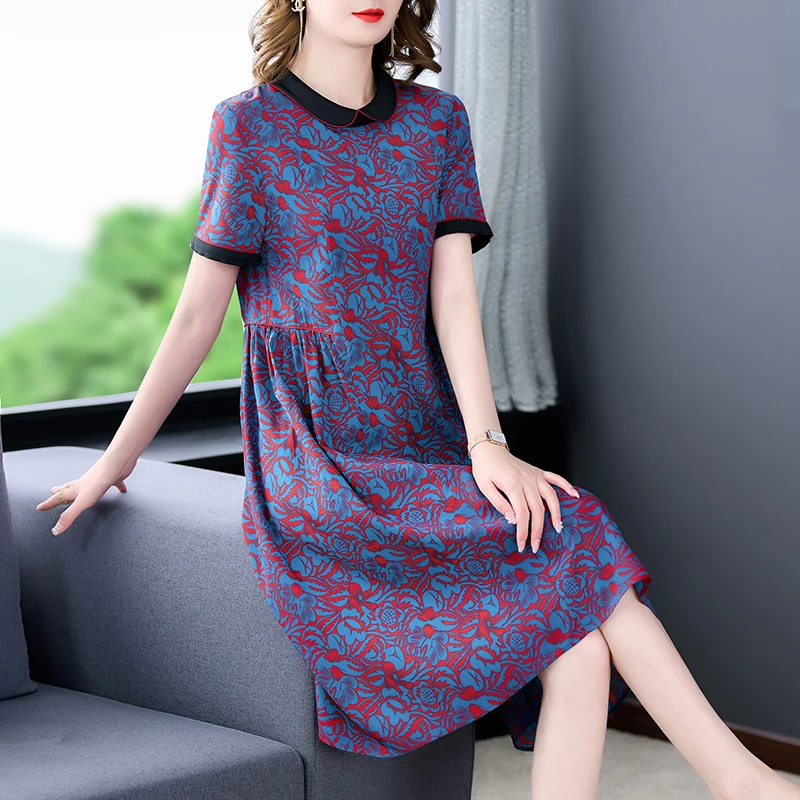 

Summer Floral Mulberry Silk Satin O-Neck Midi Dress Women Korean Vintage Casual Dresses 2024 Elegant Bodycon Party Vestidos