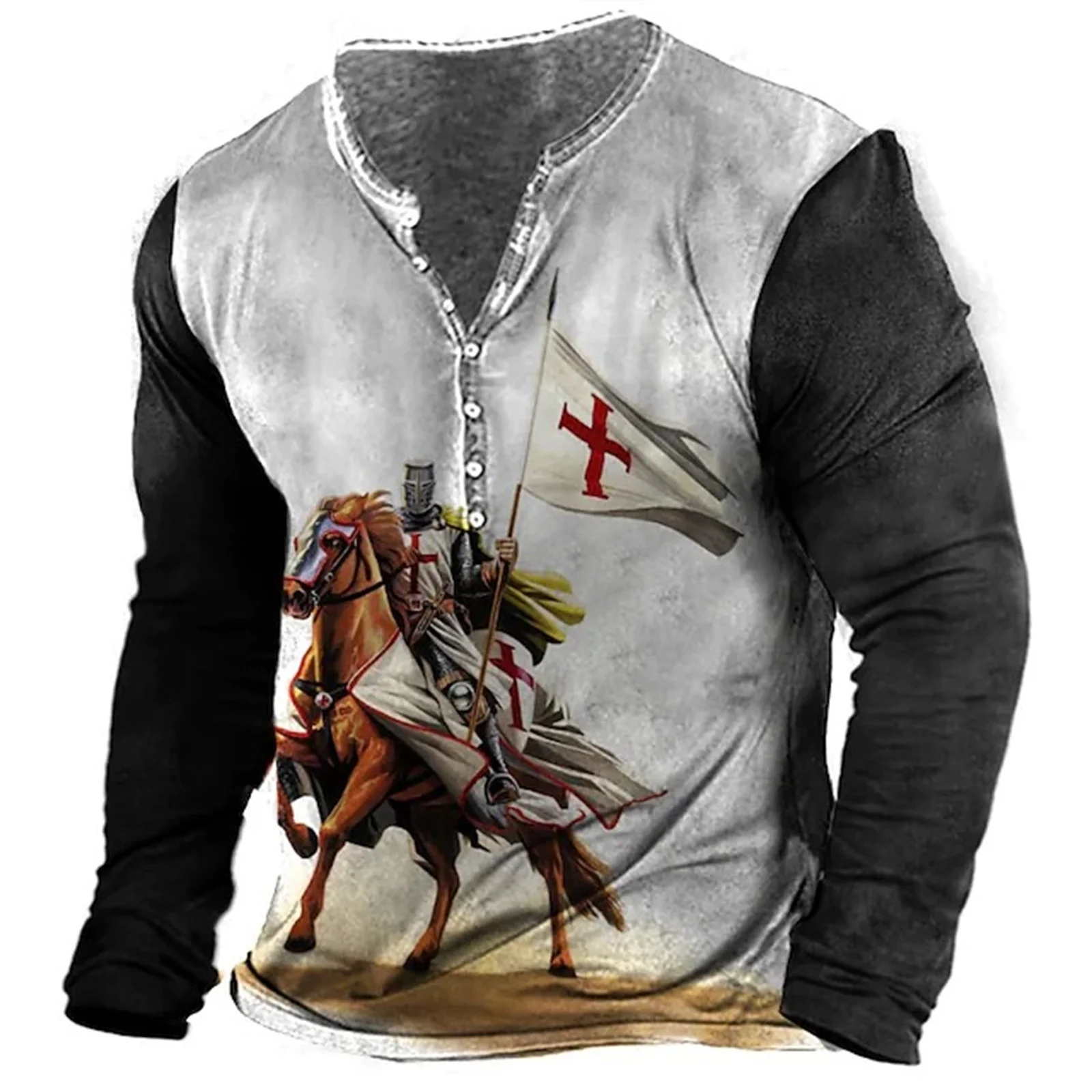

Vintage Men's Knight Cotton T Shirt Printed Knight Gothic Long Sleeve T-shirt Oversized Tops Tee Shirt Man Punk Streetwear