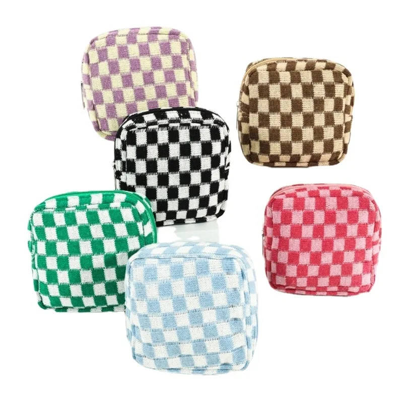 Color-block Checkerboard Knitted Zipper Bag Mini Makeup Cosmetic Bag Women Sanitary Napkin Tampon Organizer Card Coin Pouch