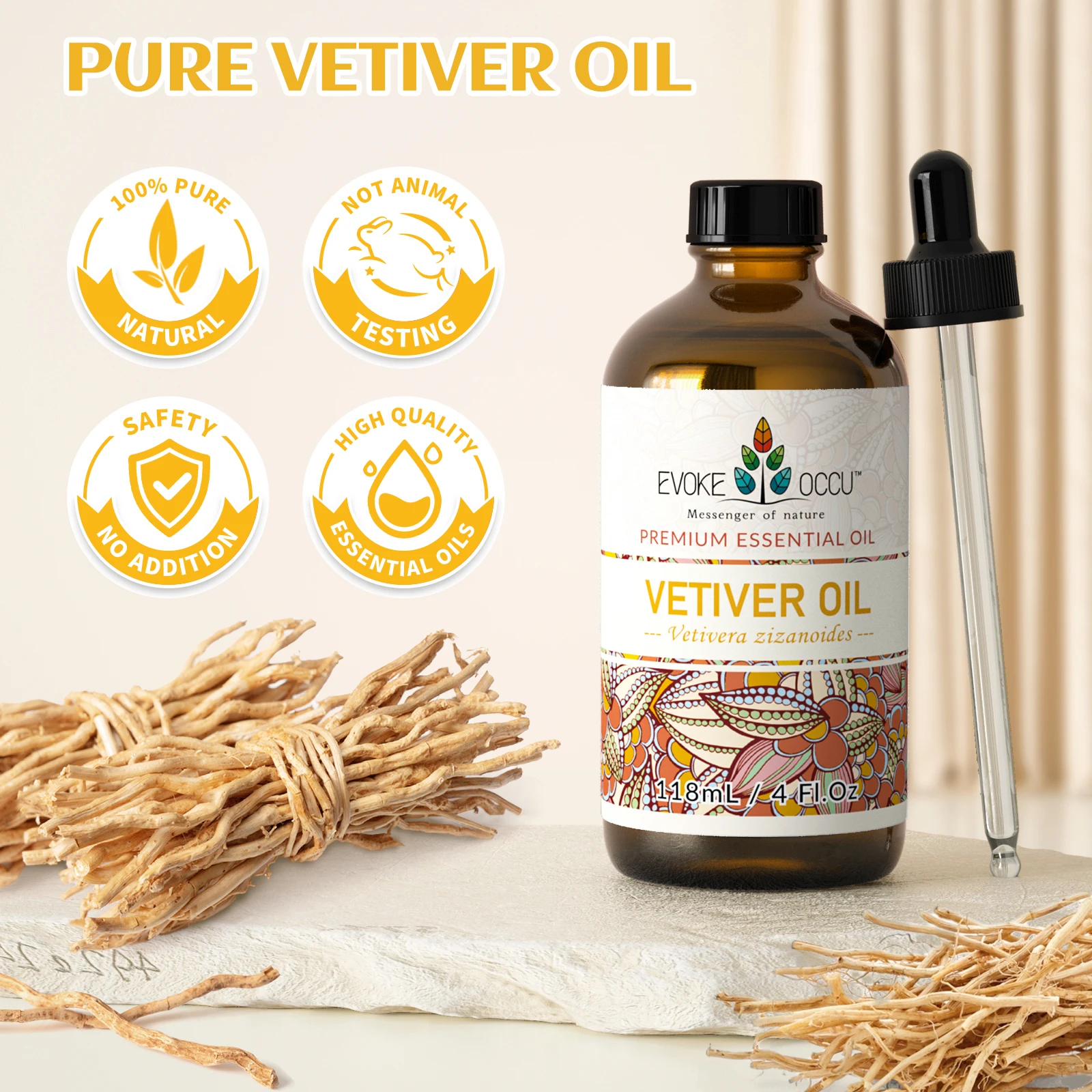 EVOKE OCCU 118ML/4 Fl.Oz. Essential Oils, Premium Vetiver Plant Oil for Aromatherapy, Diffuser, Humidifier, Massage, Skin, Hair,