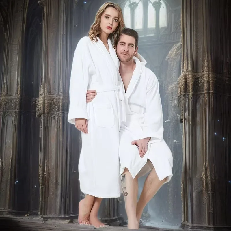 Winter Mens Bathrobe Cotton Thick Warm Towel Fleece Night Dressing Gown Pure White Bridemaid Bath Robe Comfort Homme Kimono Robe