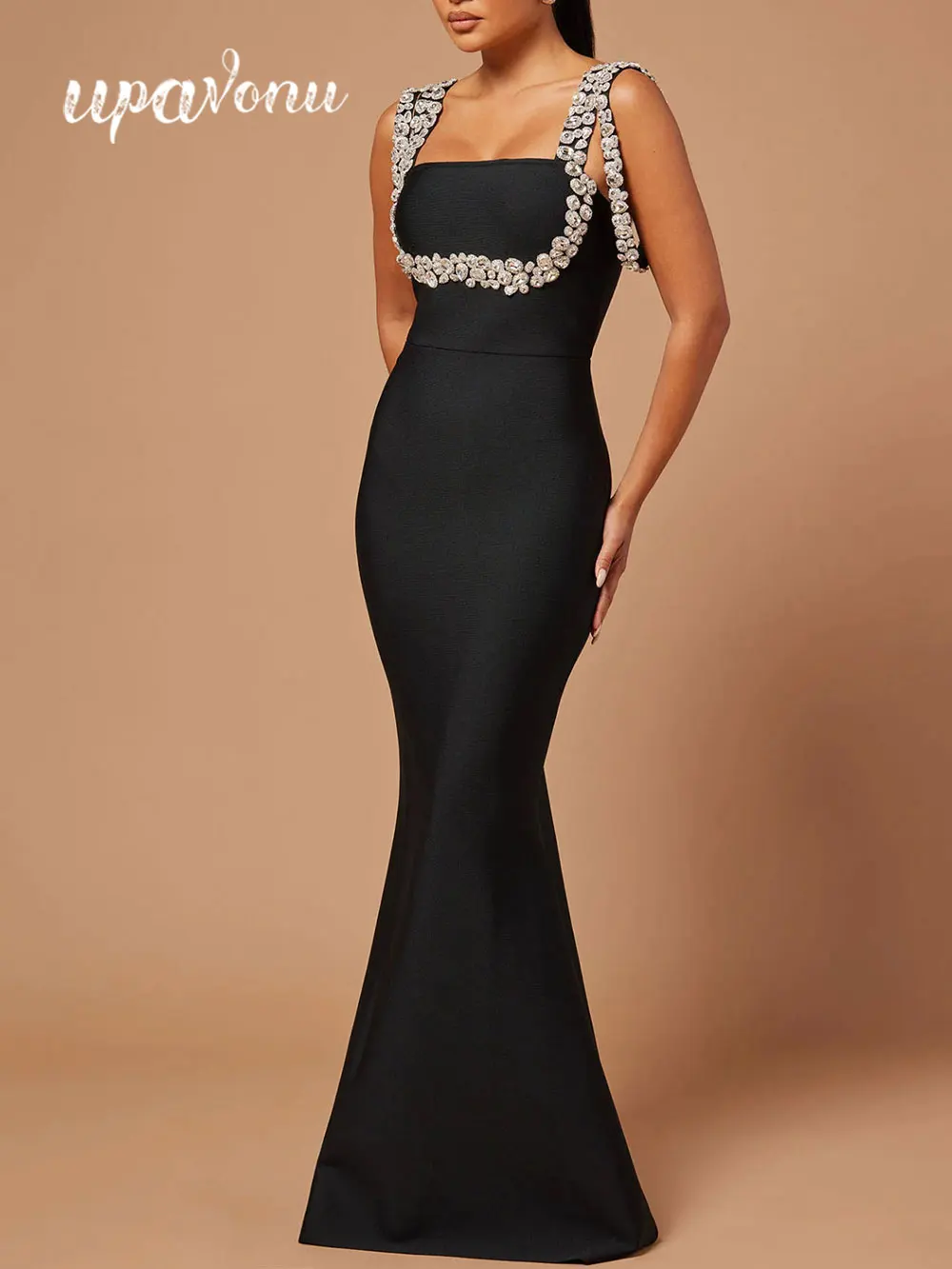 

2024 Elegant Women's Light Luxury Diamond Design Bandage Dress Camisole Sleeveless Bodycon Long Tail Dress Evening Party Vestido