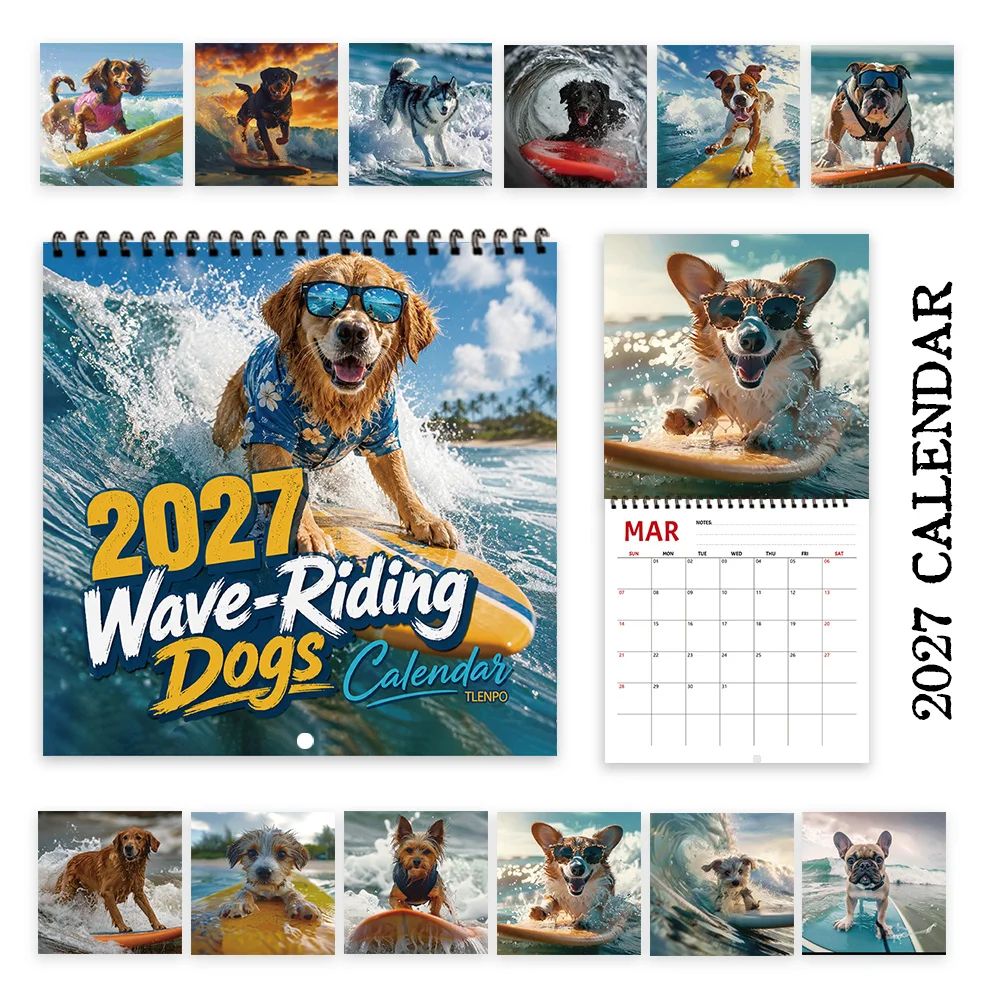 1pc Surfing Dog Fun 2027 Wall Calendar,12‑Month Planner,Gift For Back‑to‑School,Christmas,New Year,Free Stickers Included