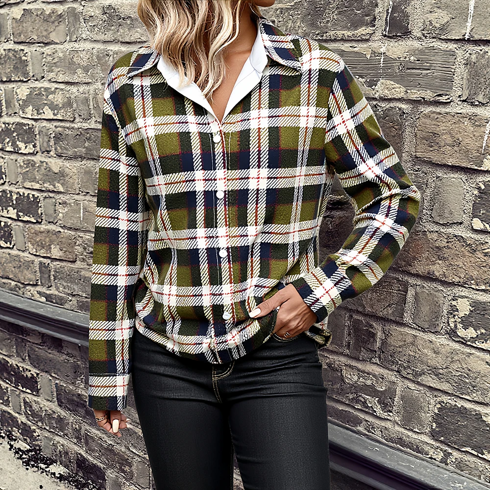 

Mia Muse Boutique Women's Shirts Autumn Winter Classic Basics Plaid Full Print Button Long Sleeve Shirt Collar Casual Shirts
