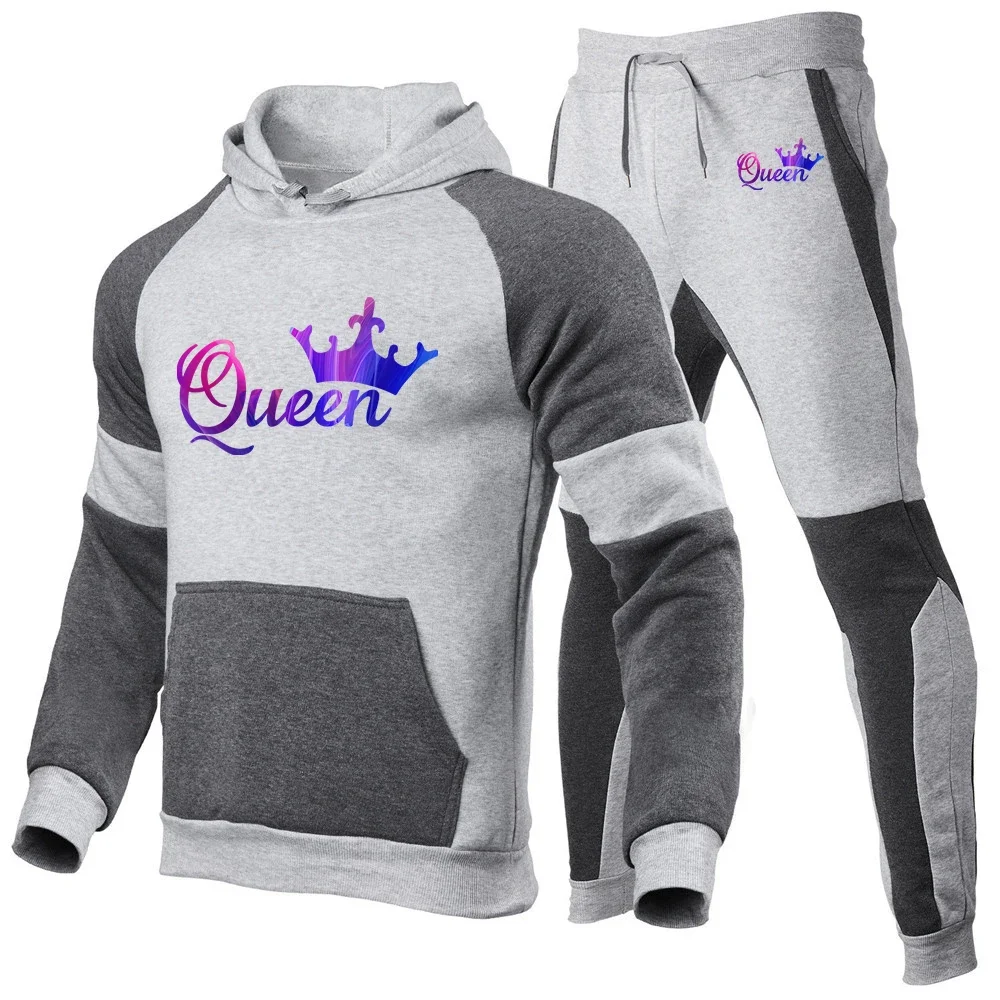 2024 King Queen Lovers Couples Print Comfortable Sports Suit Spring Autumn Men's Casual Hoodies+Fashion Sweatpants Splicing Sets