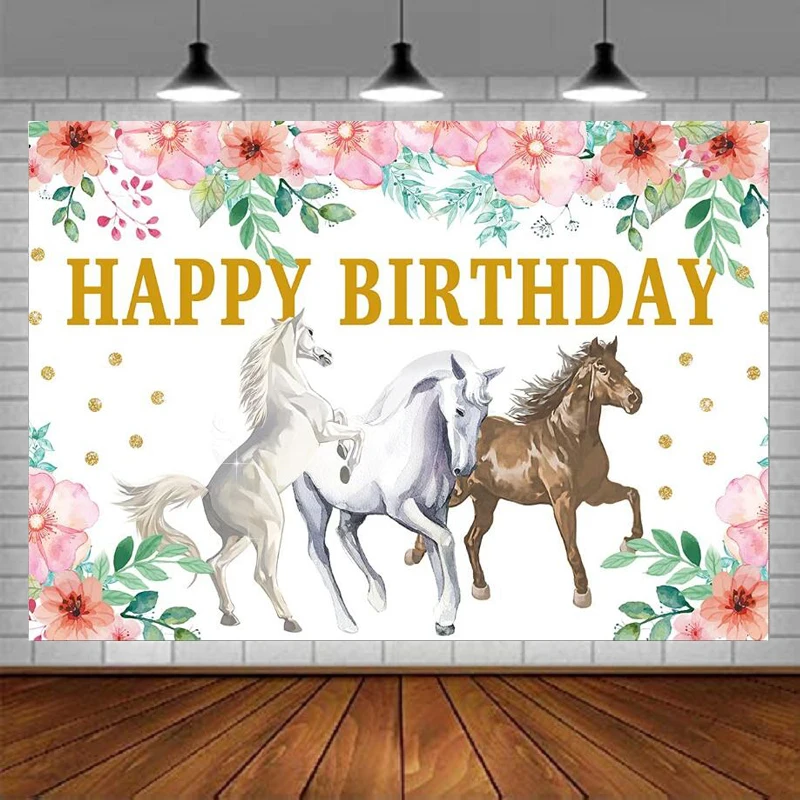 Photography Backdrop Pink Horse Theme Happy Birthday Party Background Cake Table Outside Yard Indoor Outdoor Decoration Banner