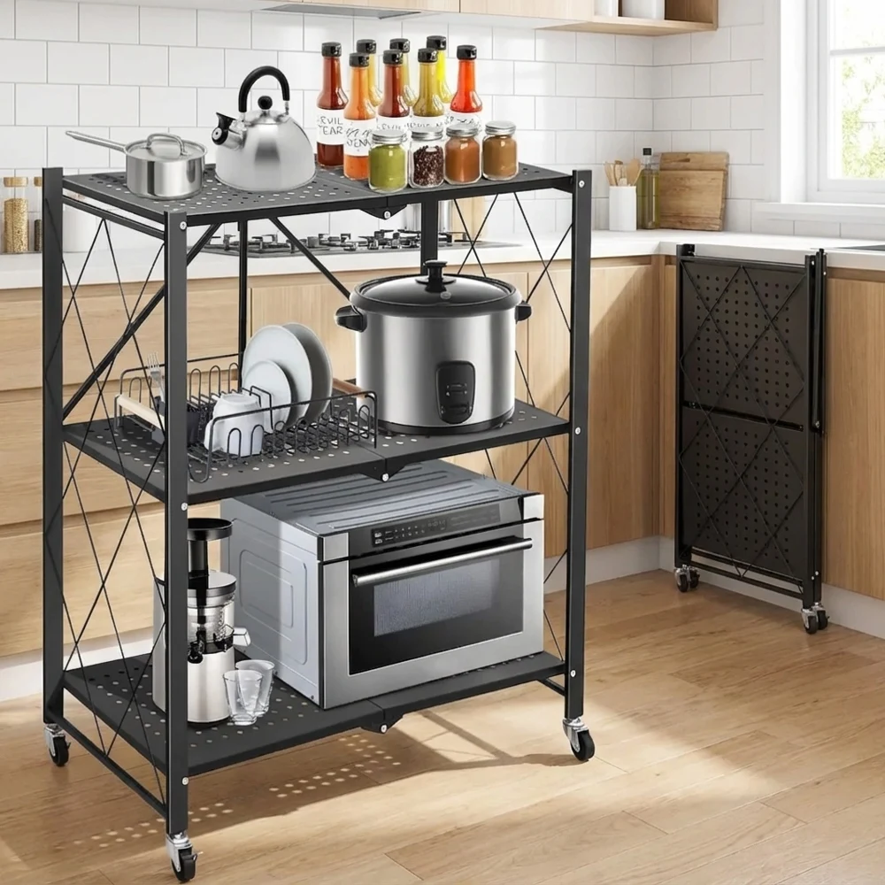 

Сверхпрочные металлические складные стеллажи на колесах, 3-ярусные, не требуют сборки, для кухни, гаража, гостиной