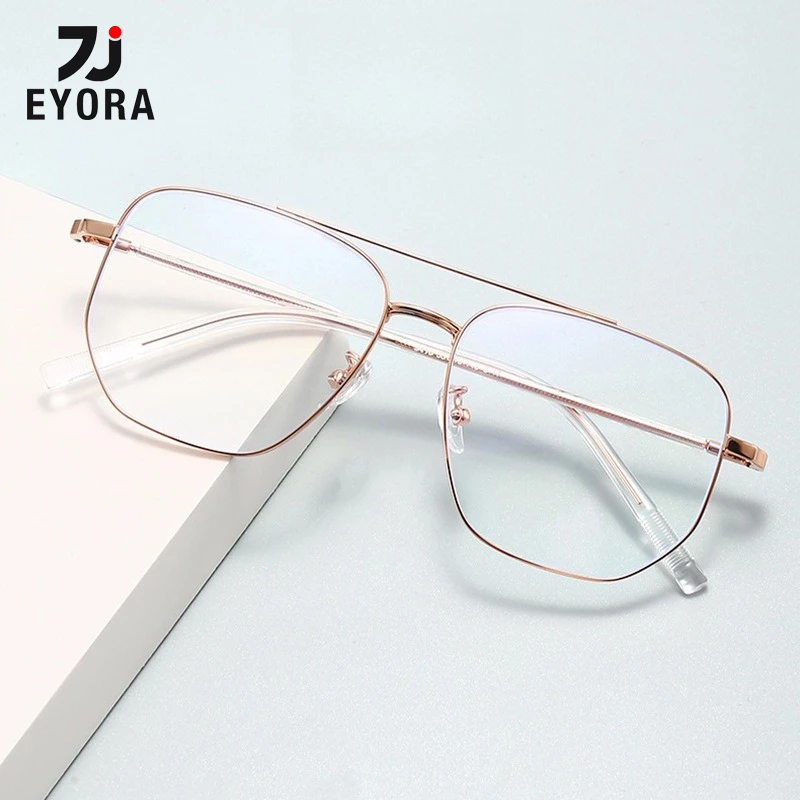 

EYORA Fashion Double-bar Metal Polygon Reading Glasses Anti Blue Light Myopia and Hyperopia Photochromic Prescription Eyewear