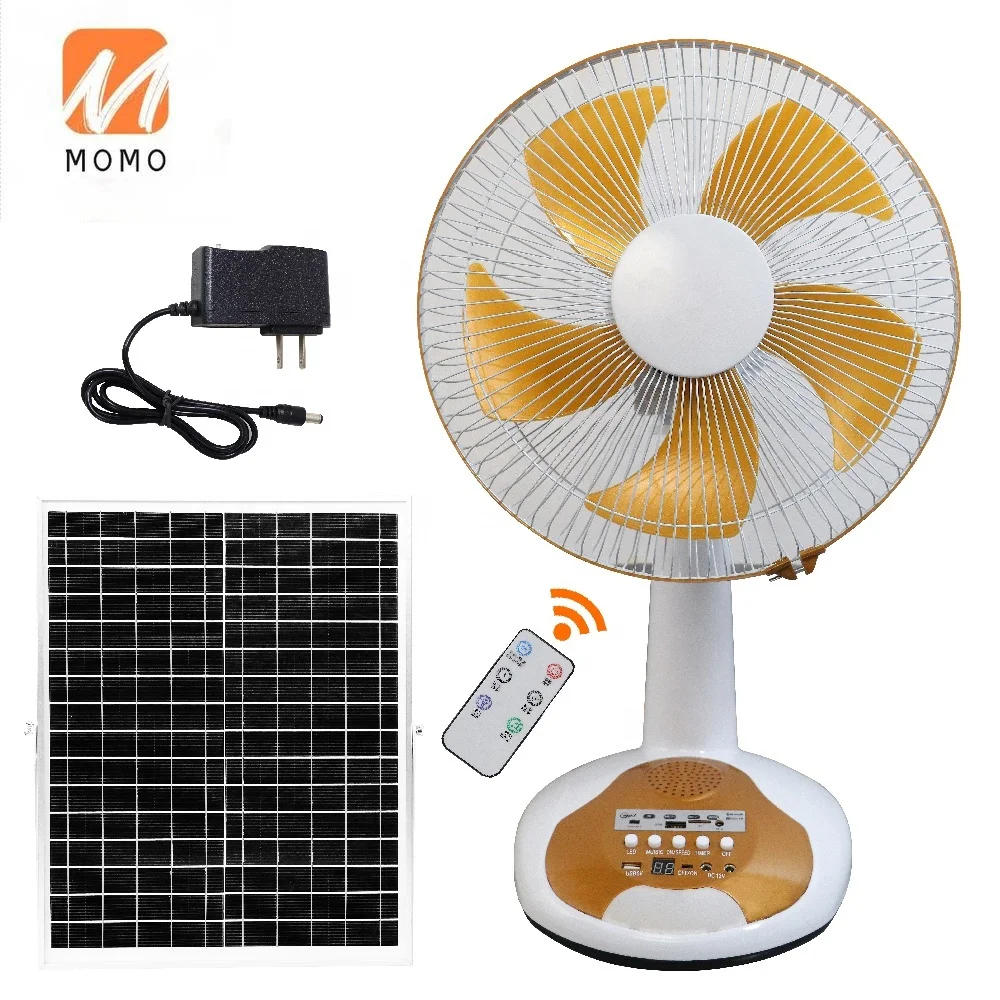 Portable 12V indoor rechargeable music player solar table fan with panel