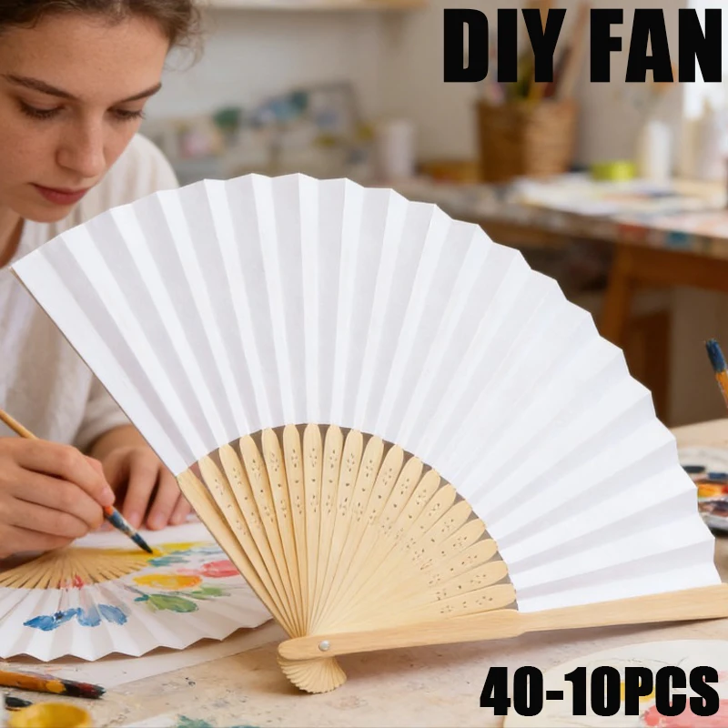 10-40 Éventails Pliants Blancs à Manche en Bambou, Décoration DIY en Bois Naturel pour Réceptions de Mariage et Fêtes d'Anniversaire