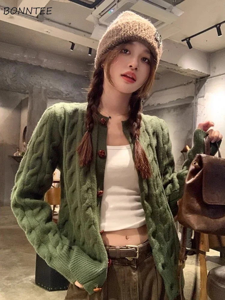 Green Knitted Cardigans Women Casual Soft Warm Autumn Winter Coats Ulzzang Fashion Vintage Girls Daily Cozy New Кардиган Женский