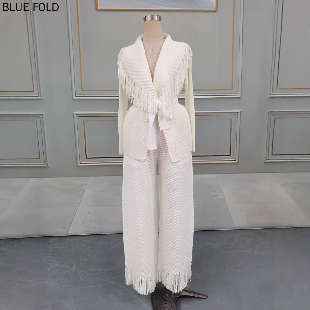 MIYAKE-Ensemble deux pièces élégant pour femme, grande taille, plis en écailles de poisson, frange, mode européenne et américaine, vêtements décontractés