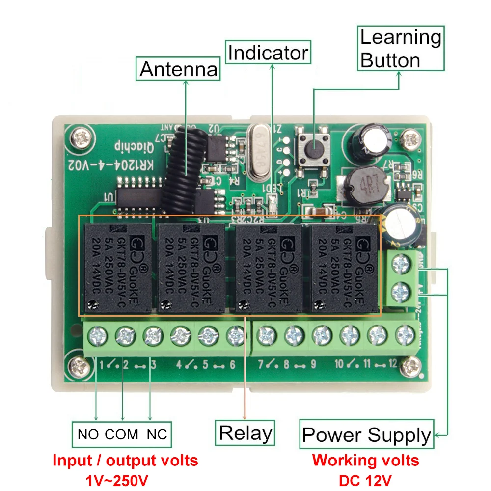 433.92MHz Wireless Remote Control Switch DC 12V 24V 5V-30V 4CH relay Receiver Module With 4 channel RF Remote 433Mhz Transmitter