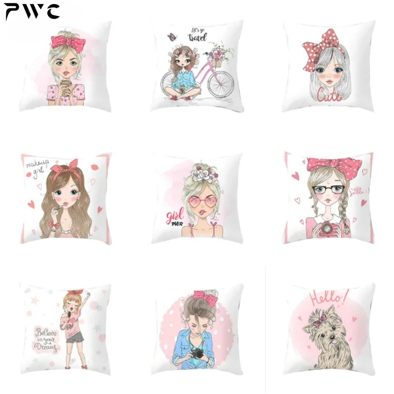 

Cartoon Pretty Girl Print Cushion Cover Polyester Decorative Pillowcase Children Bedroom Home Decoration 45x45cm.Fundas De Cojin