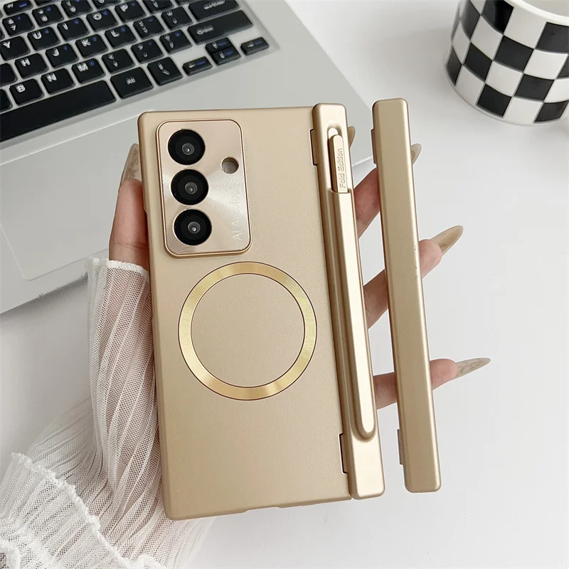 

With Glass Film Pen For Samsung Galaxy Z Fold 7 6 5 4 3 Case Magnetic wireless charging Protective Cover Shockproof Armor Hinge