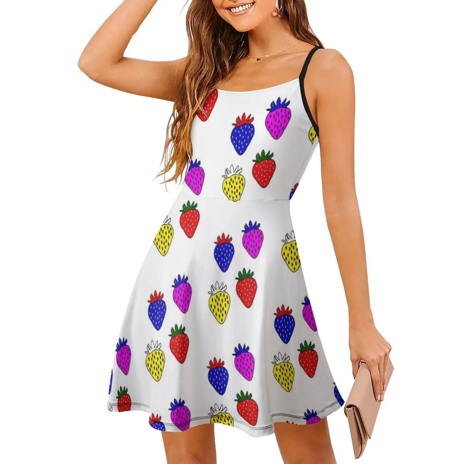 النيون الفراولة حقول للأبد فستان عطلة مثير للنساء شاطئ حفلة عيد ميلاد فستان قصير الفراولة الفاكهة الخنافس النيون الأحمر
