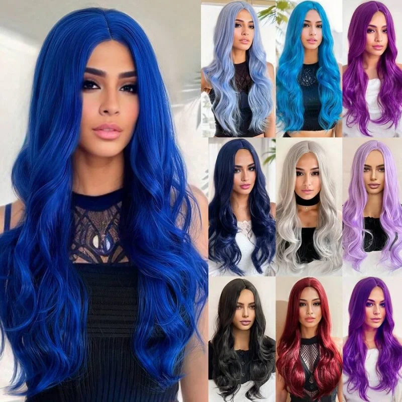 

Synthetic Wig,Colorful Body Wave Long Curly,Center Part No Fringe,Festival Use,Navy/Royal Blue,Wine Red,Black,Purple